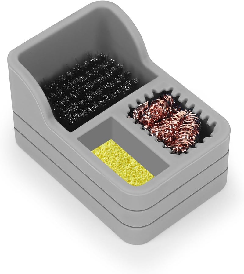 EOOKU Soldering Iron Tip Cleaner Kit with Brass Wool, Sponge, Steel Brush in Gray Silicone Holder – Heat and Scratch Resistant Cleaner for Soldering, Electronics Repair, DIY Projects - Image 1